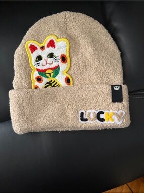 Beige Lucky Cat Patch Knit Beanie